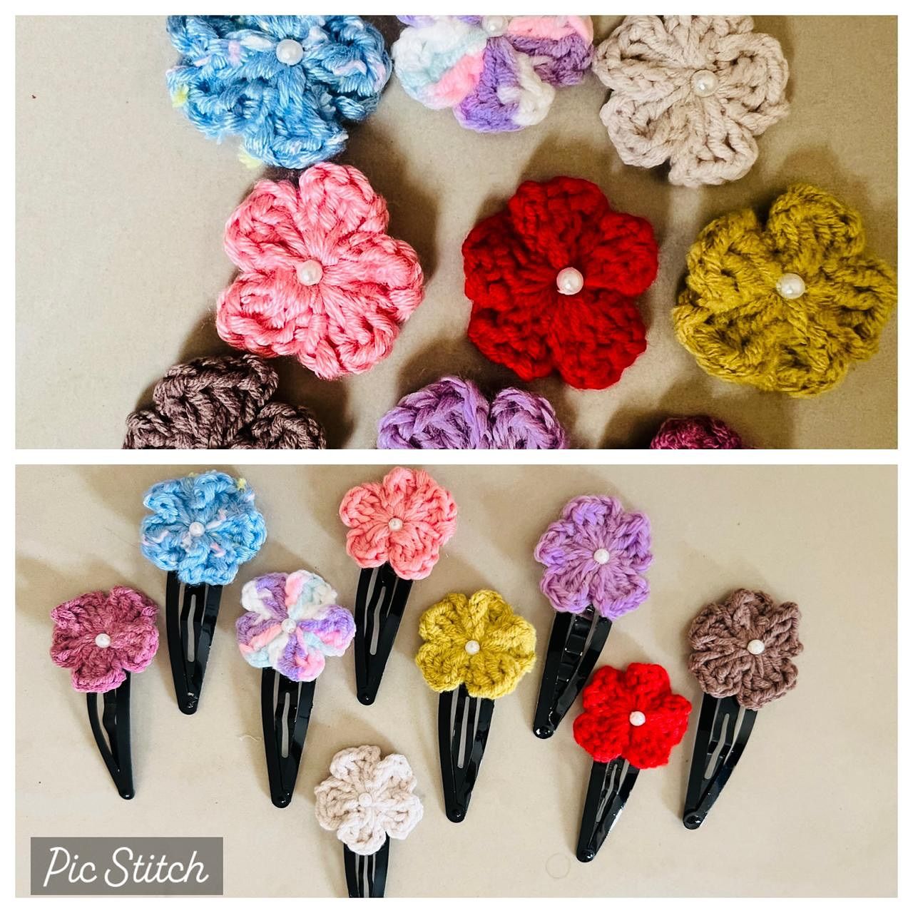 An assortment of small crochet flower hair clips in blue, pink, cream, red and mustard.