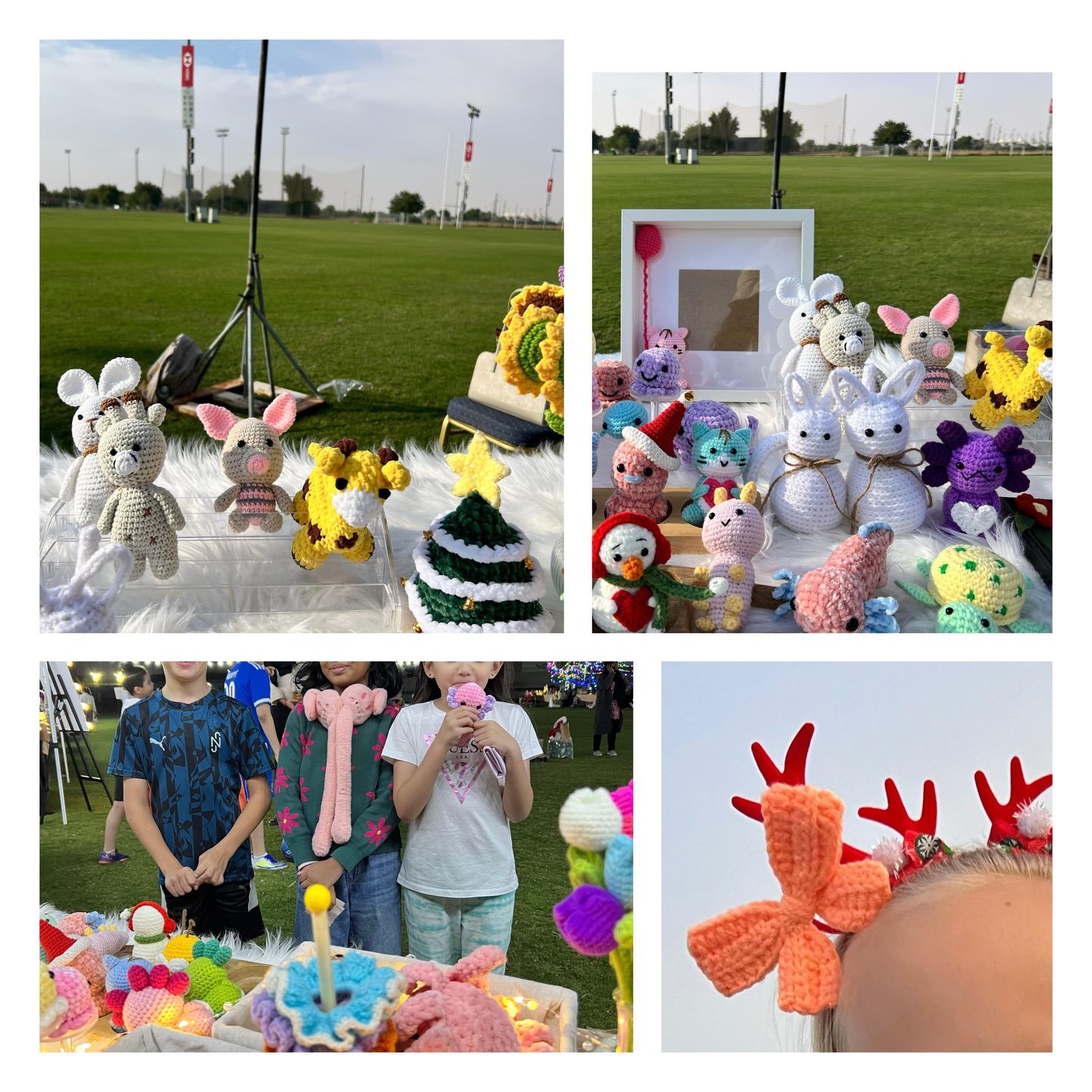 A collage of children holding handmade crochet toys at an outdoor community market in Al Ain.